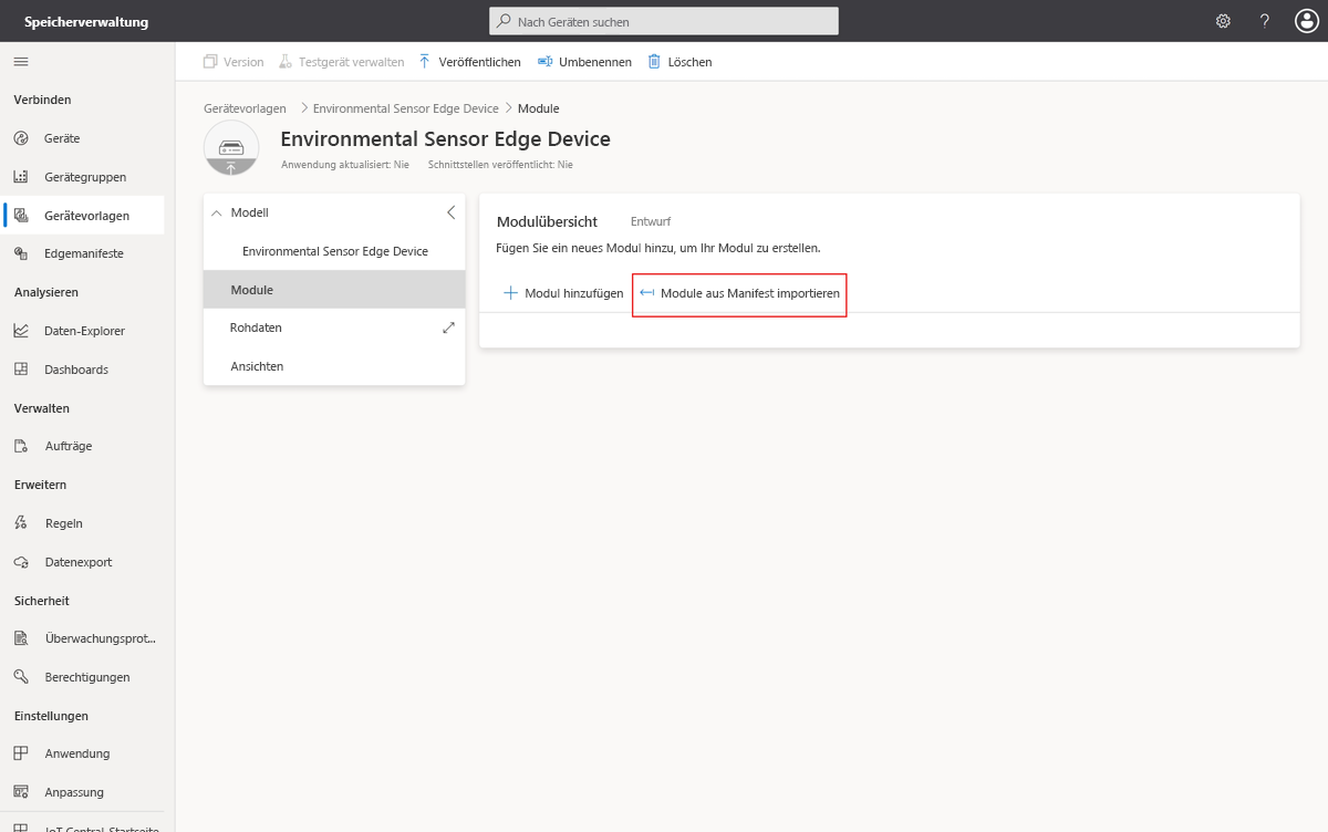 Screenshot der Seite „Gerätevorlagen“, auf der Sie die Moduldefinitionen aus dem Bereitstellungsmanifest importieren.