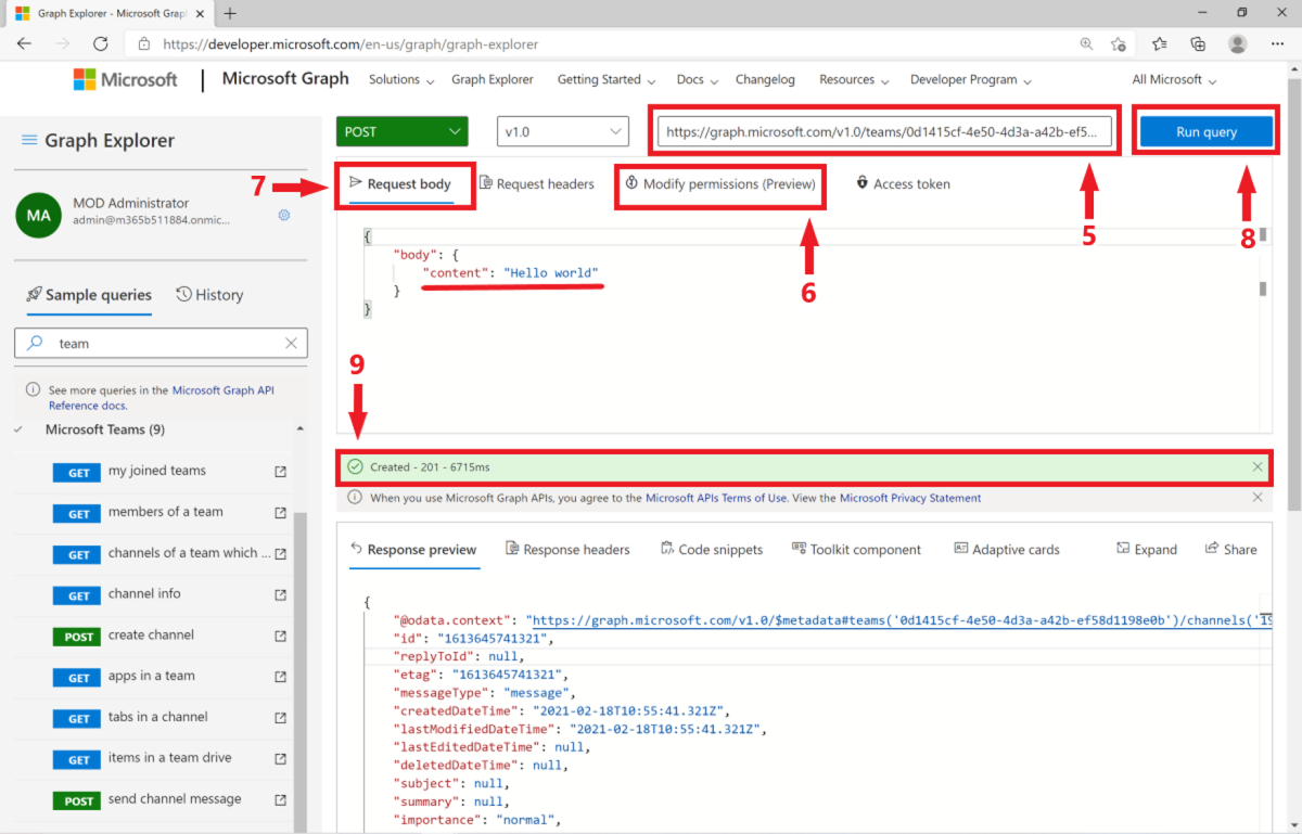 Screenshot, der das POST-Anforderungsergebnis im Microsoft Graph-Tester zeigt.