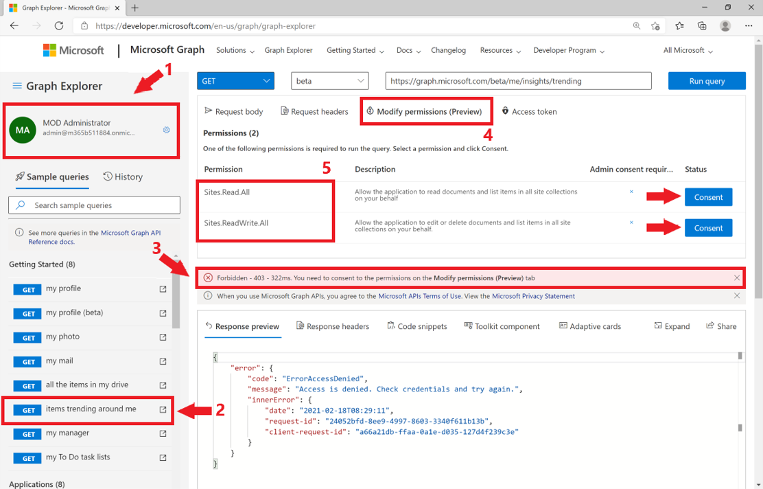 Screenshot, der zeigt, wie Abfragen mit Ihrem eigenen Konto in Graph-Tester getestet werden.