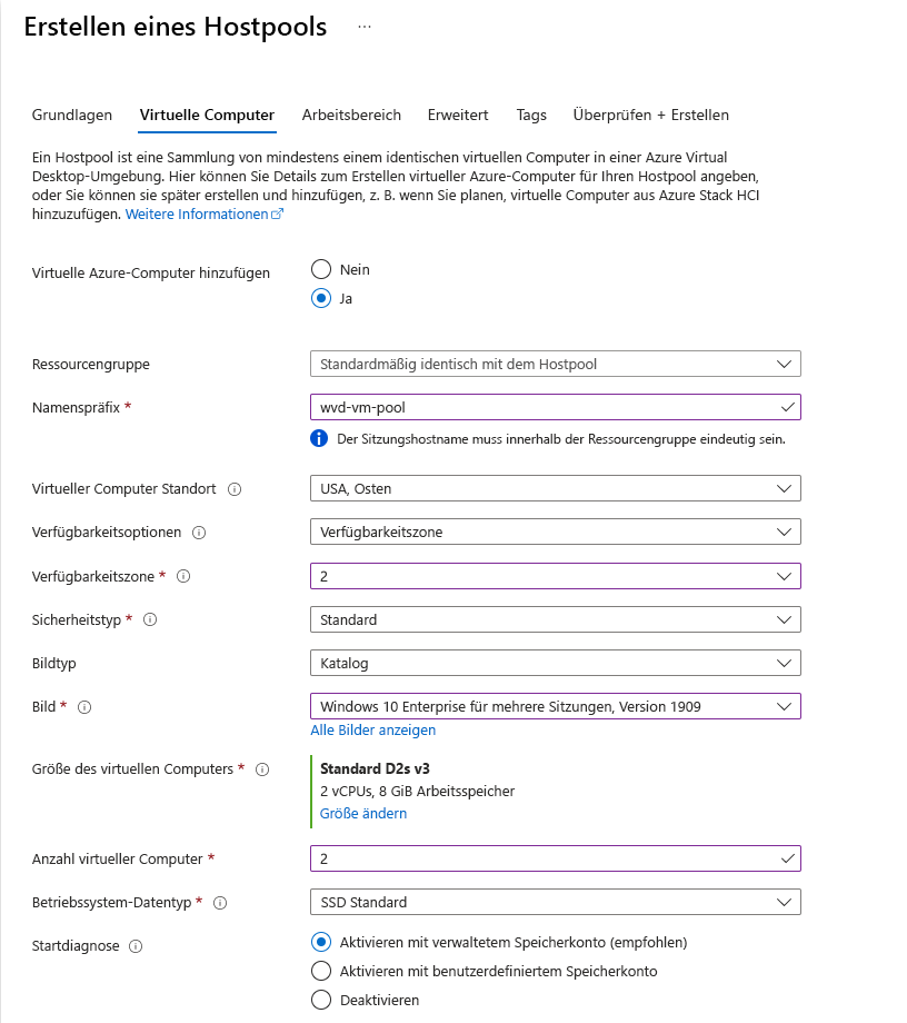 Screenshot der Registerkarte zum Erstellen eines virtuellen Computers für einen Hostpool in Azure Virtual Desktop