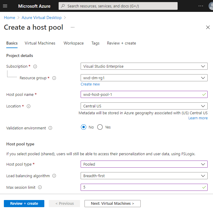 Screenshot der grundlegenden Registerkarte zum Erstellen von Hostpools in Azure Virtual Desktop.