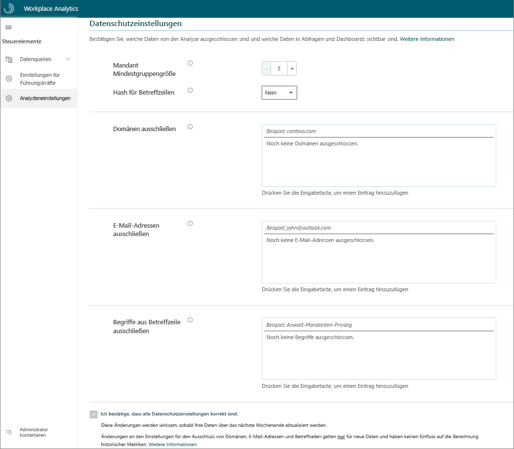 Ein Screenshot der Datenschutzeinstellungen für Workplace Analytics.