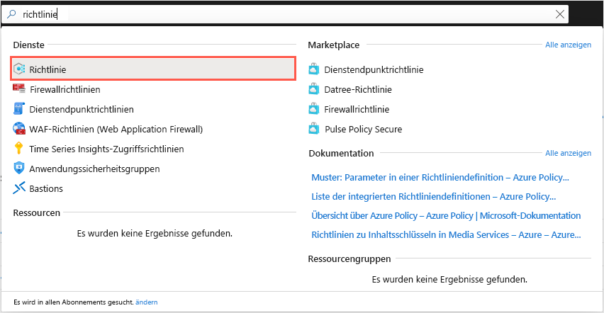 Screenshot of the general Azure portal search box with a result that shows the Azure Policy service.