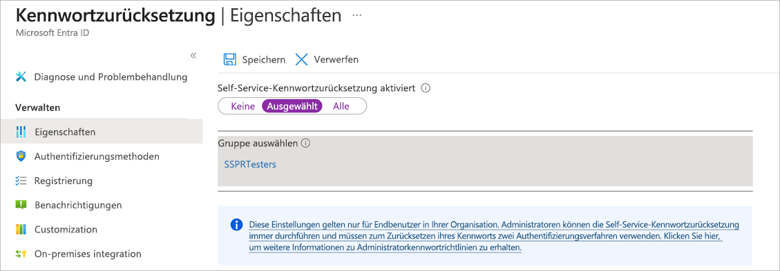 Screenshot: Eigenschaftsbereich für die Kennwortzurücksetzung mit SSPR-fähiger (Self-Service-Kennwortzurücksetzung) ausgewählter Gruppe, die auf „SSPRTesters“ festgelegt ist