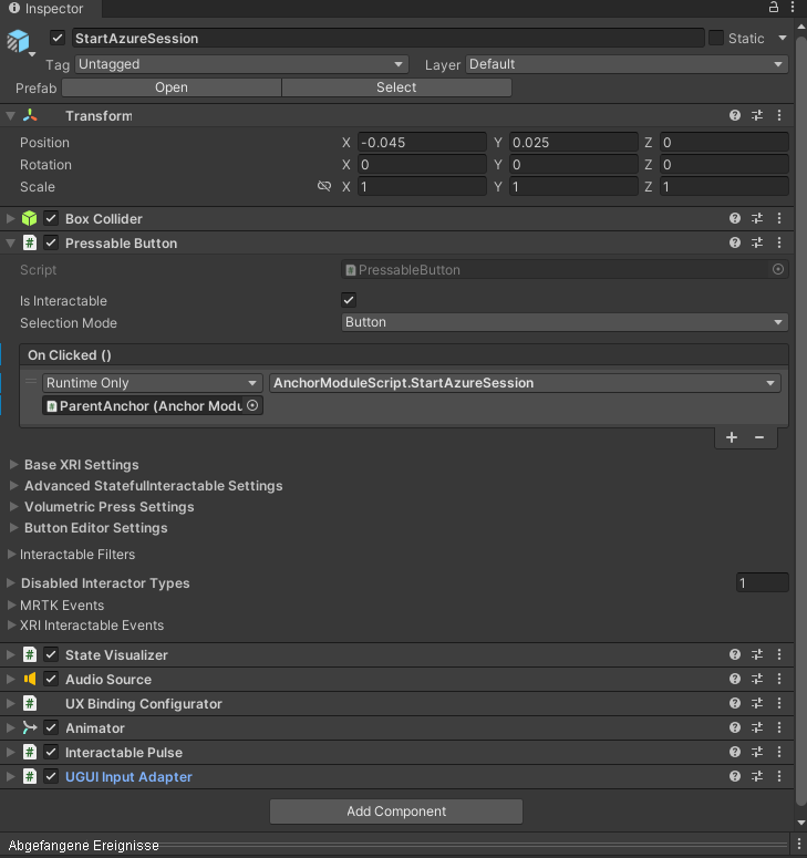 Screenshot that shows Unity with the StartAzureSession button's OnClick event configured.