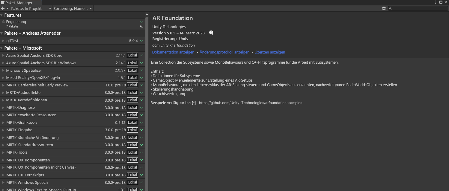 Screenshot of selections for verifying the AR Foundation version for Package Manager.