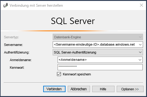 Screenshot: Herstellen einer Verbindung mit SQL-Datenbank in SSMS