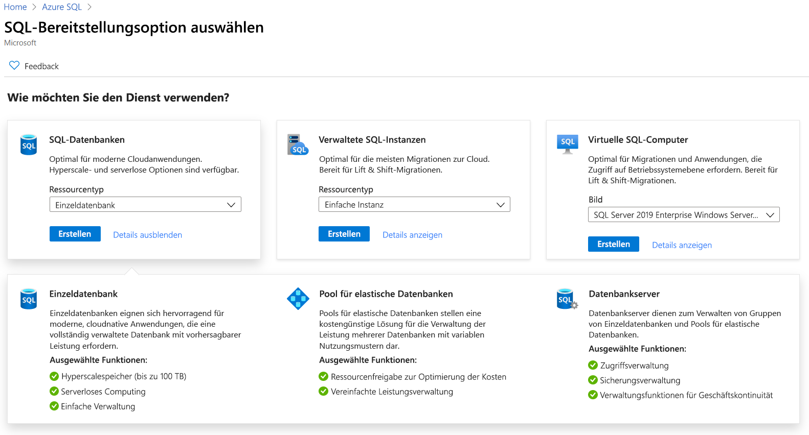 Screenshot that shows the Azure SQL deployment options in the Azure portal.