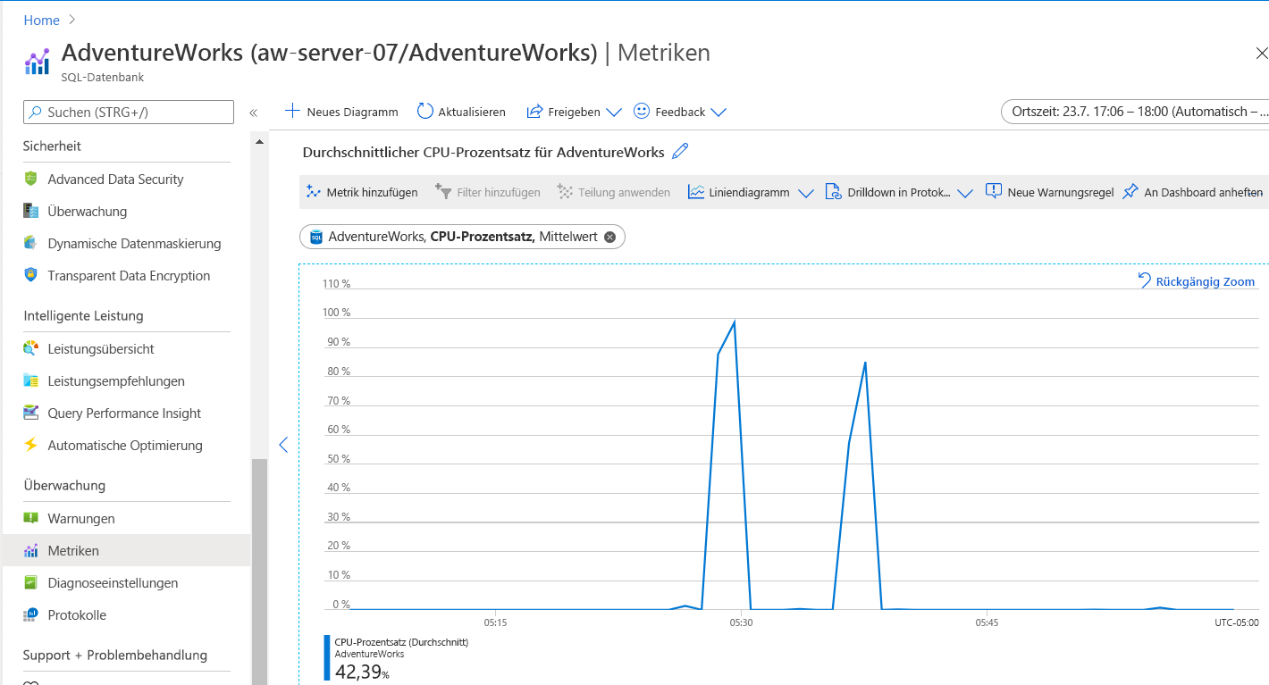 Screenshot: Vergleich von Abfragen im Azure-Portal