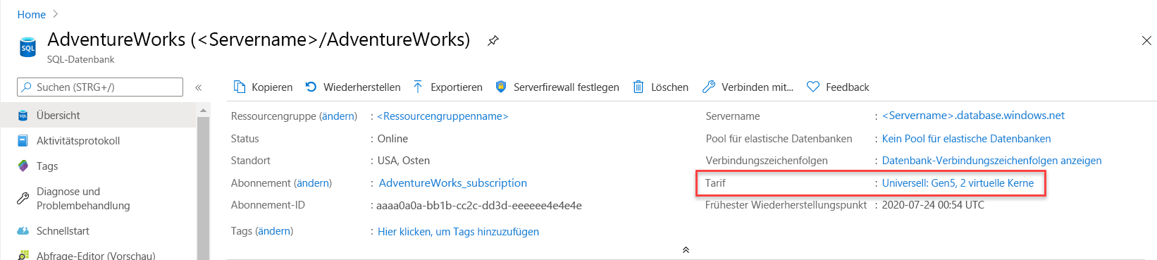 Screenshot: Dienstebene im Azure-Portal ändern