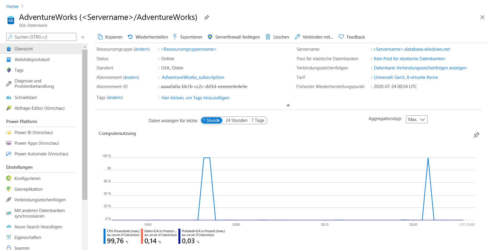 Screenshot: Computevergleich im Azure-Portal