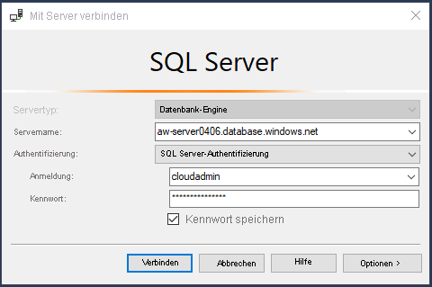 Screenshot: Herstellen einer Verbindung mit SQL-Datenbank in SSMS