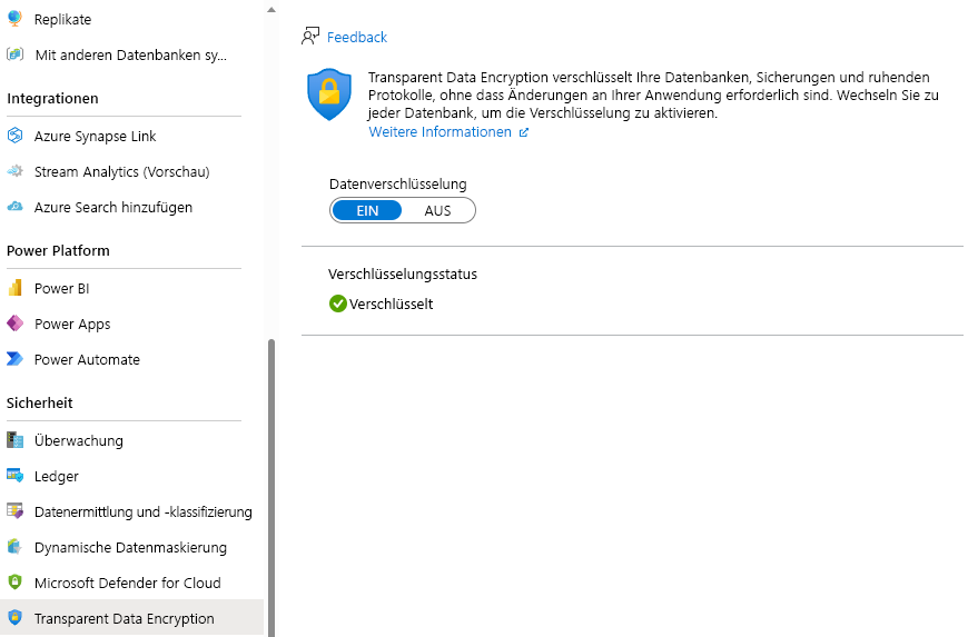 Screenshot of confirming TDE is on in the Azure portal.