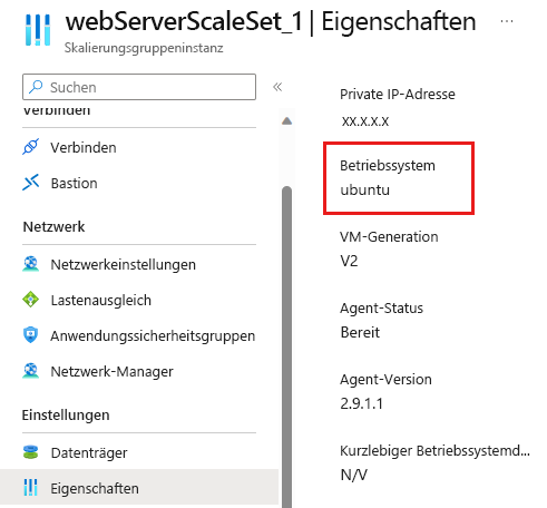 Screenshot des Betriebssystems für die VM-Skalierungsgruppe im Azure-Portal.