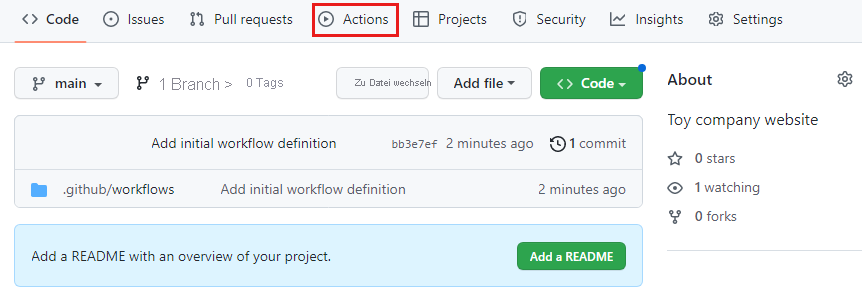 Screenshot of the GitHub interface showing the repository page, and the Actions tab highlighted.