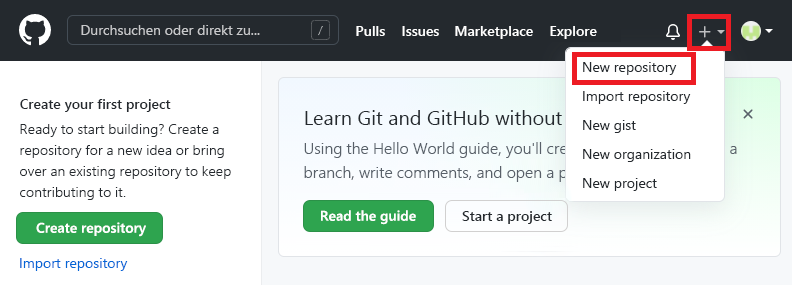 Screenshot of the GitHub interface that shows the menu for creating a new repository.