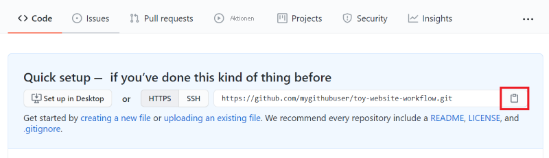 Screenshot of the GitHub interface showing the new empty repository, with the repository URL copy button highlighted.