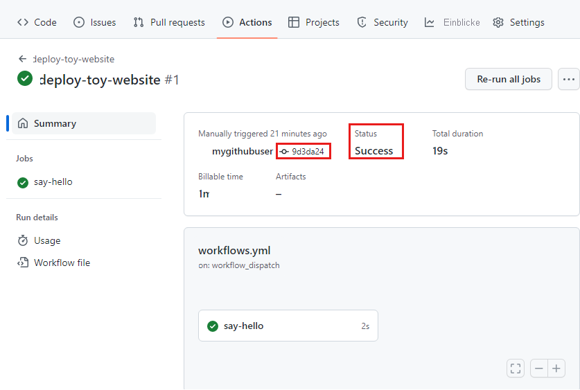 Screenshot of the GitHub interface showing the details of the workflow run, with the status and commit identifier highlighted.