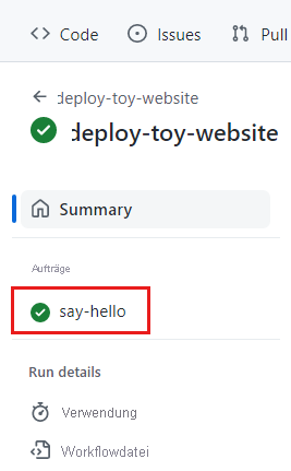 Screenshot of the GitHub interface showing the run details menu, with the say-hello job highlighted.