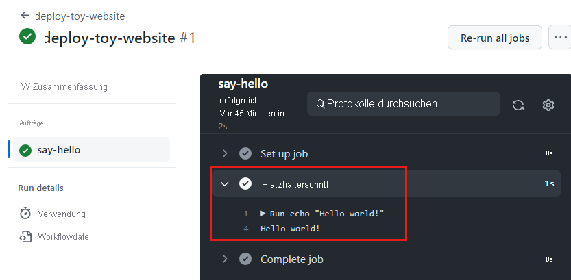 Screenshot of the GitHub interface showing the workflow run log, with the placeholder step log shown.