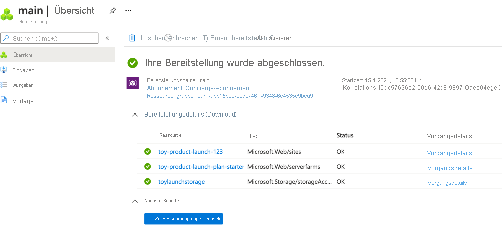 Screenshot des Azure-Portals für die Bereitstellung mit aufgelisteten Storage Account- und App Service-Ressourcen