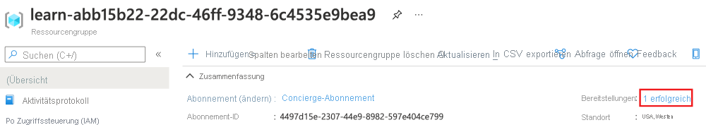 Screenshot des Azure-Portals mit der Übersicht über Ihre Ressourcengruppe. Im Abschnitt „Bereitstellungen“ wird angezeigt, dass eine Bereitstellung erfolgreich war.