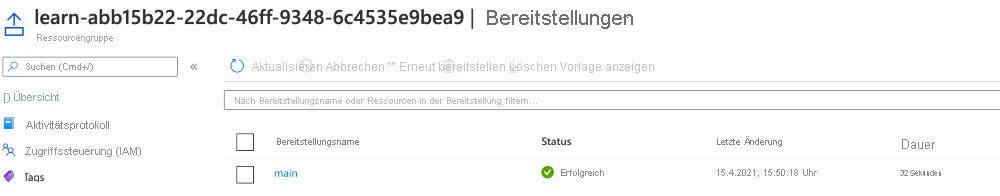 Screenshot des Azure-Portals für Bereitstellungen mit einer Bereitstellung mit dem Status „Erfolgreich“