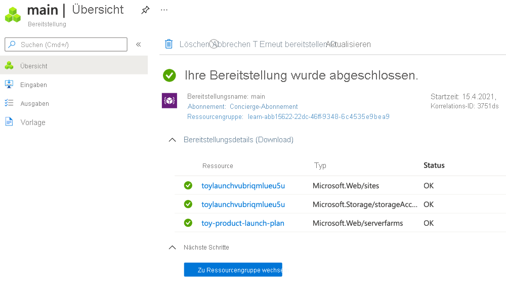 Screenshot of the Azure portal interface for the specific deployment, with storage account and App Service resources listed with generated names.