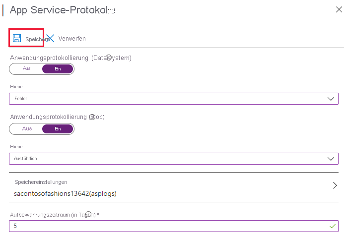 Screenshot: Konfigurieren von Anwendungsprotokollen im Azure-Portal, wobei „Speichern“ hervorgehoben ist