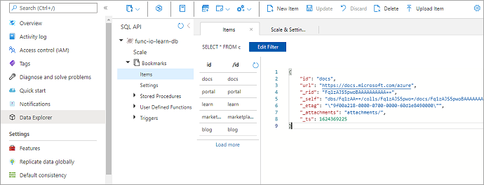 Screenshot von SQL API-Daten, die die Sammlung von Elementen im Lesezeichencontainer von „func-io-learn-db“ zeigen