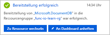 Screenshot: Benachrichtigung, dass die Datenbankkontobereitstellung erfolgreich war.