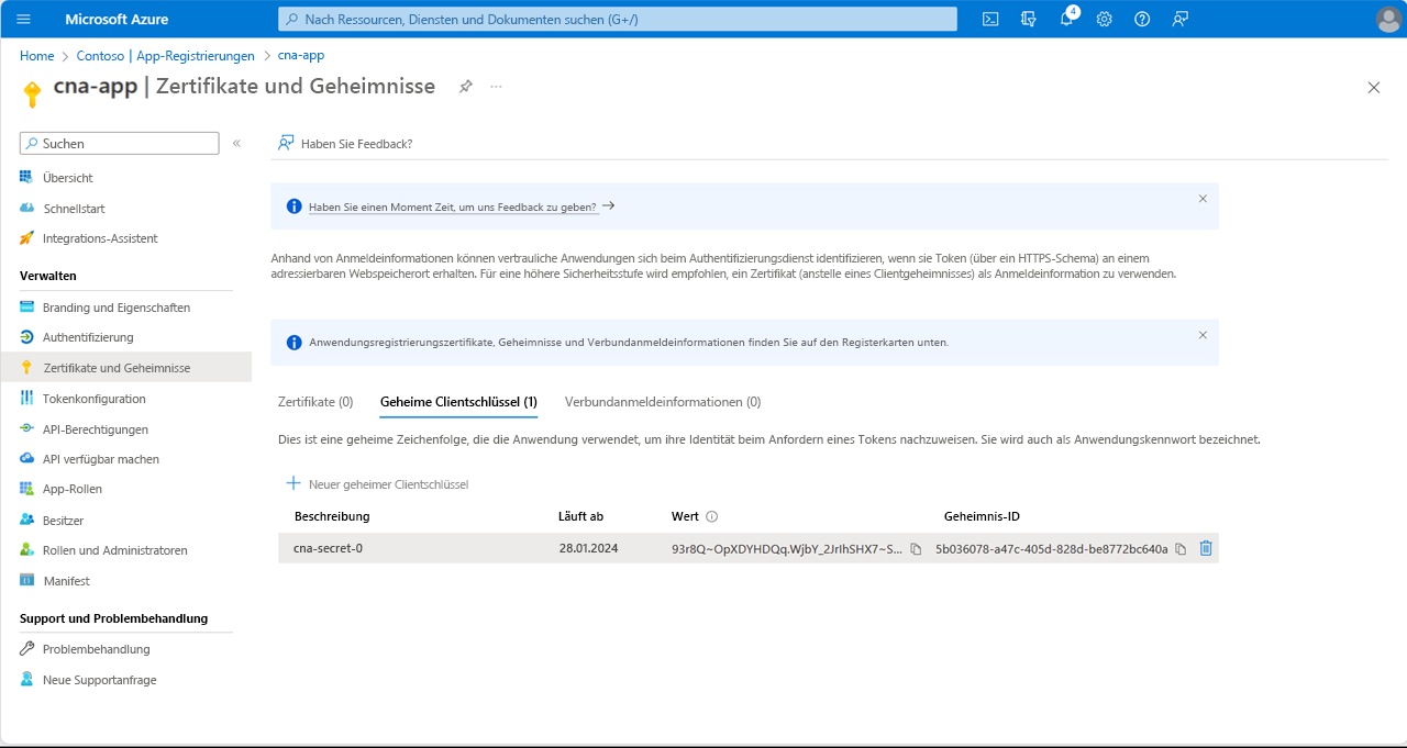 Screenshot: Wert des Clientgeheimnisses auf dem Blatt „cna-app – Zertifikate und Geheimnisse“ im Azure-Portal