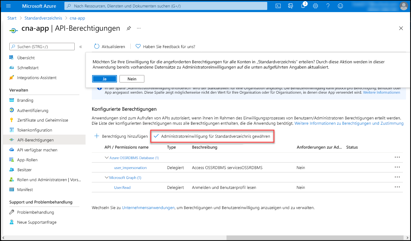 Screenshot: Blatt „cna-app – API-Berechtigungen“ im Azure-Portal mit der Aufforderung, das Erteilen der Administratoreinwilligung zu bestätigen