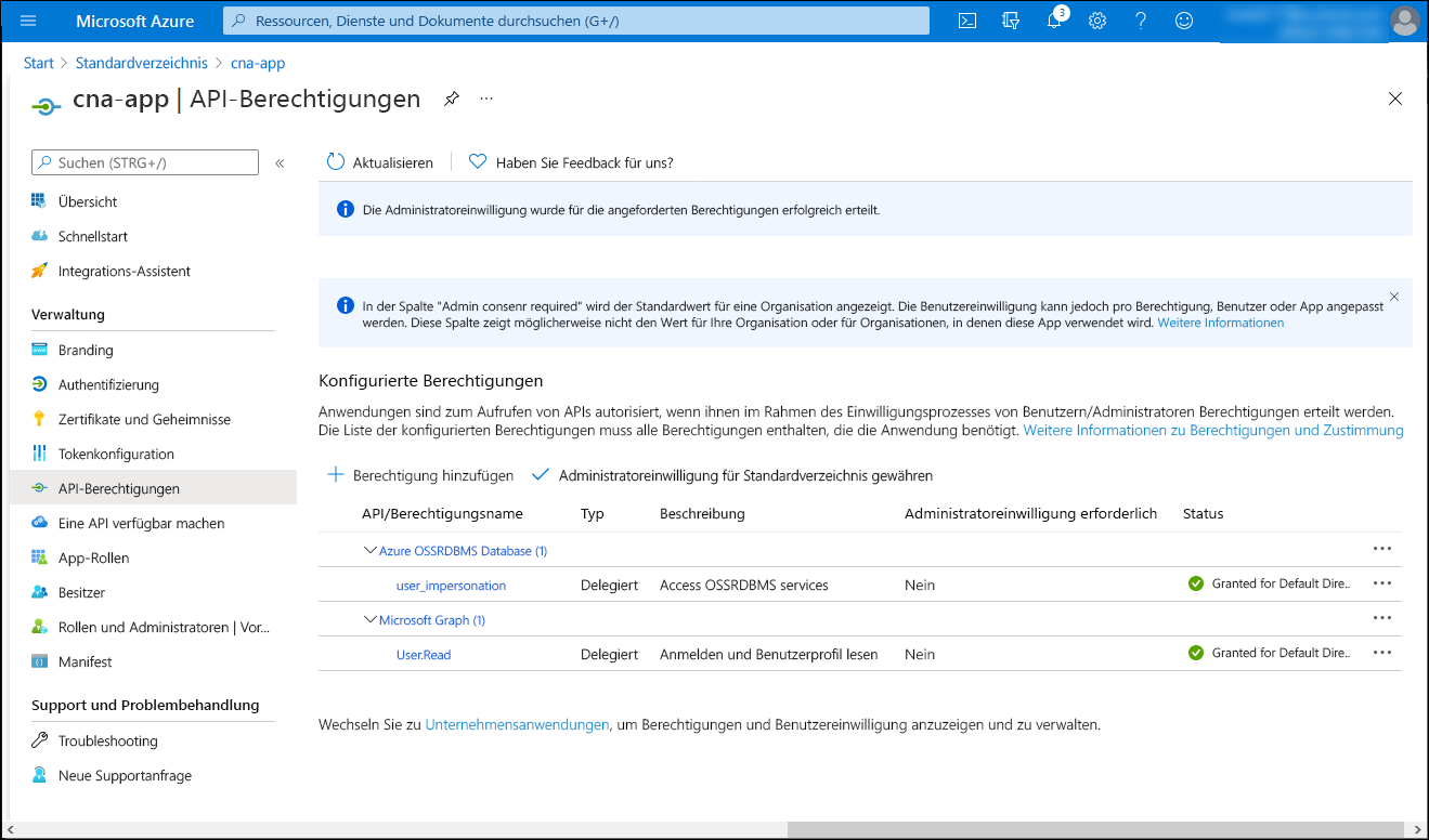 Screenshot: Blatt „cna-app – API-Berechtigungen“ im Azure-Portal mit erteilter Einwilligung und Berechtigungen