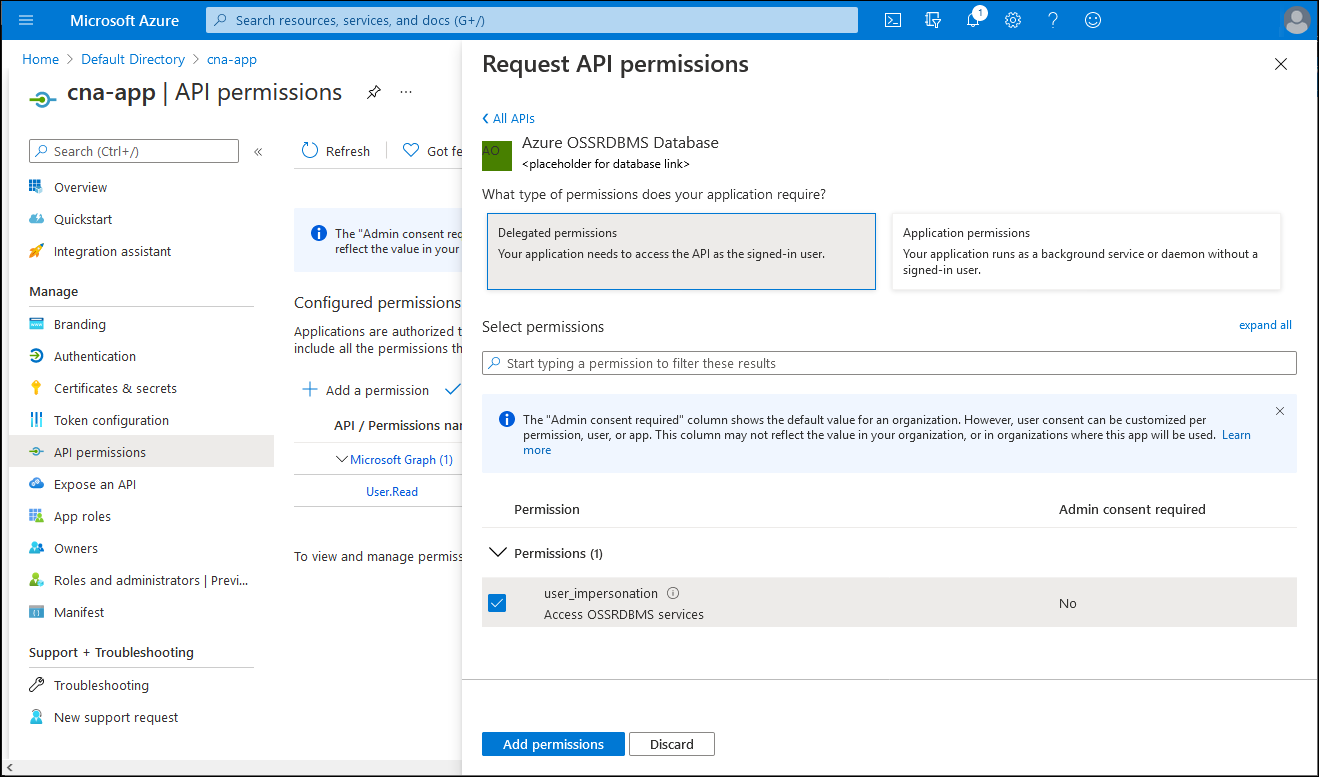 Screenshot: Blatt „API-Berechtigung anfordern“ im Azure-Portal mit ausgewählter Option „Delegierte Berechtigungen“