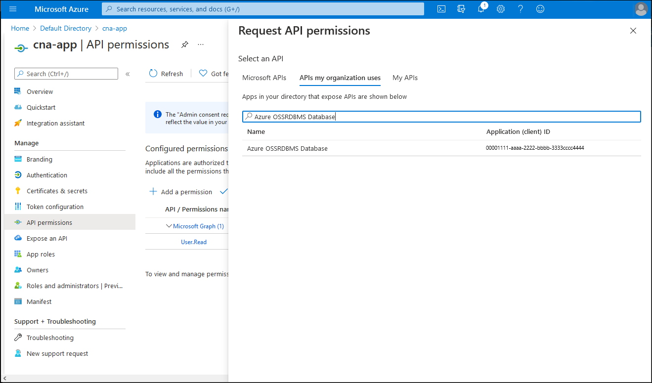 Screenshot: Blatt „API-Berechtigung anfordern“ im Azure-Portal