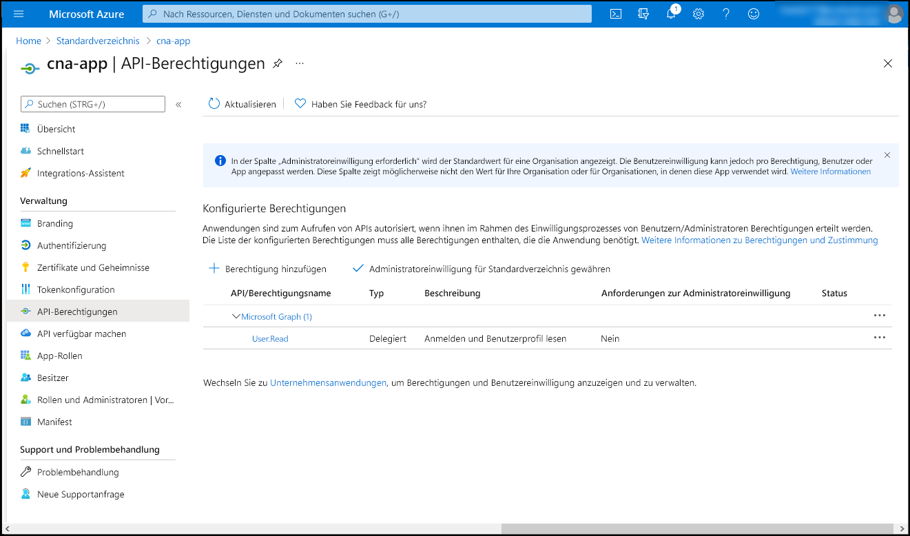 Screenshot: Blatt „cna-app – API-Berechtigungen“ im Azure-Portal