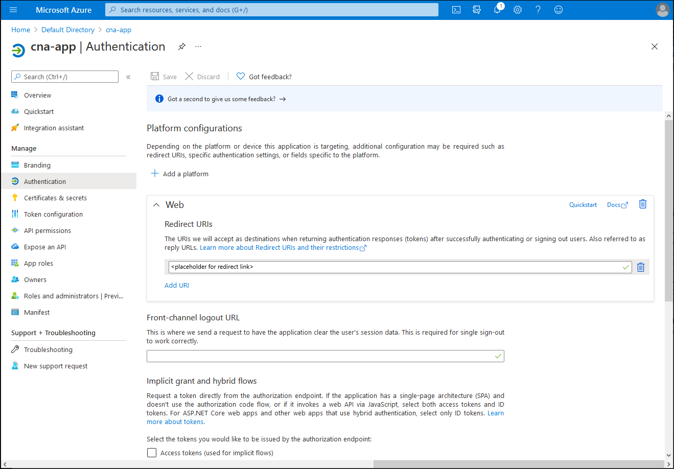 Screenshot: Blatt „cna-app – Authentifizierung“ im Azure-Portal