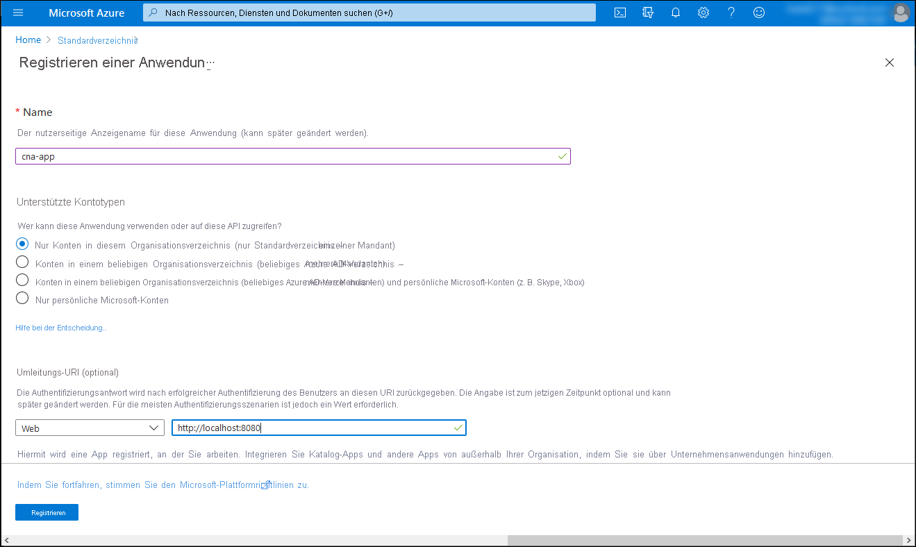 Screenshot: Blatt „Anwendung registrieren“ im Azure-Portal