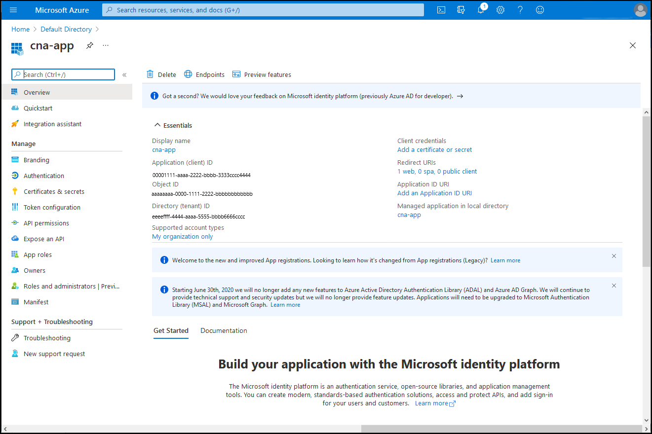 Screenshot: Blatt „cna-app“ im Azure-Portal