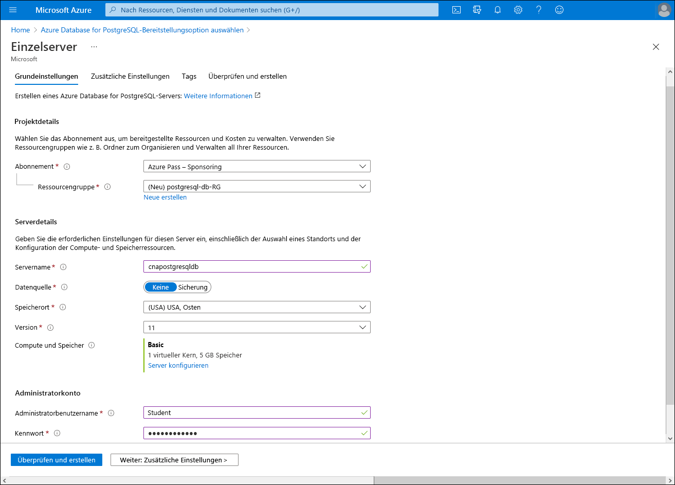 Screenshot: Registerkarte „Grundlagen“ des Blatts „Server“ im Azure-Portal