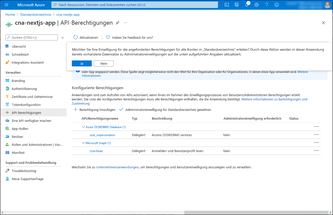 Screenshot: Blatt „cna-nextjs-app – API-Berechtigungen“ im Azure-Portal mit der Aufforderung, das Erteilen der Administratoreinwilligung zu bestätigen