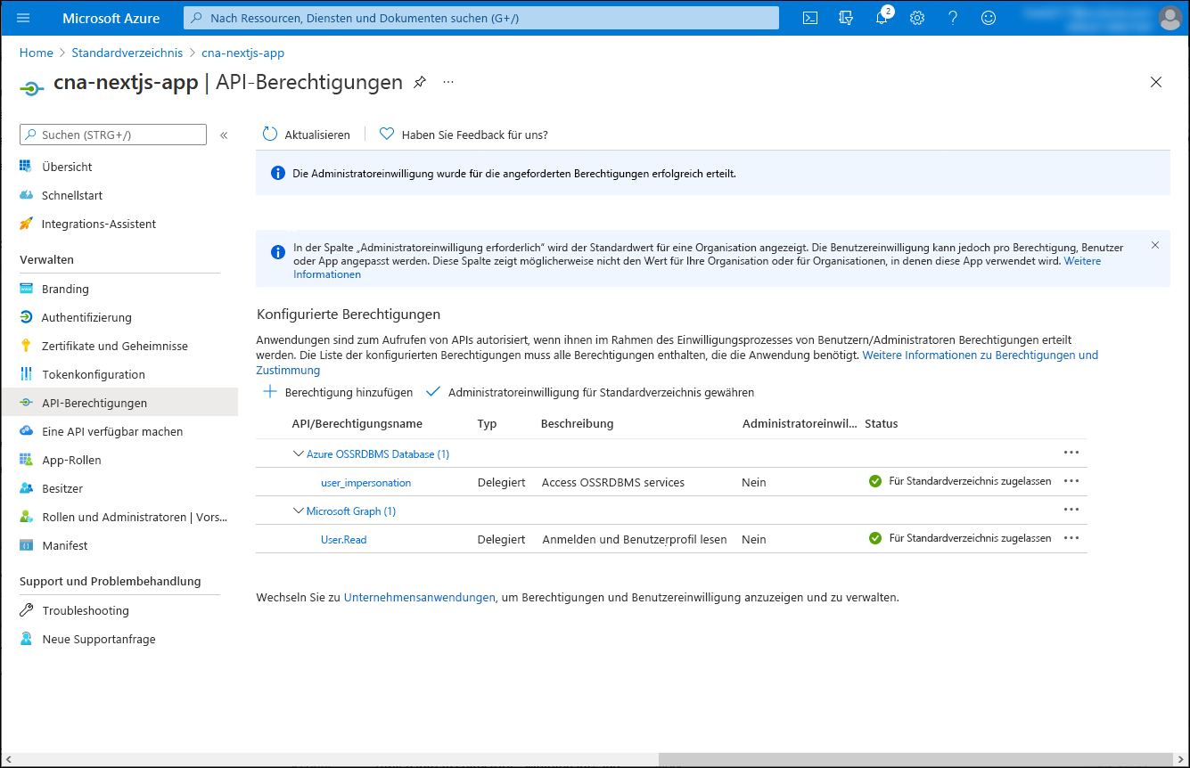 Screenshot: Blatt „cna-nextjs-app – API-Berechtigungen“ im Azure-Portal mit erteilter Einwilligung und Berechtigungen