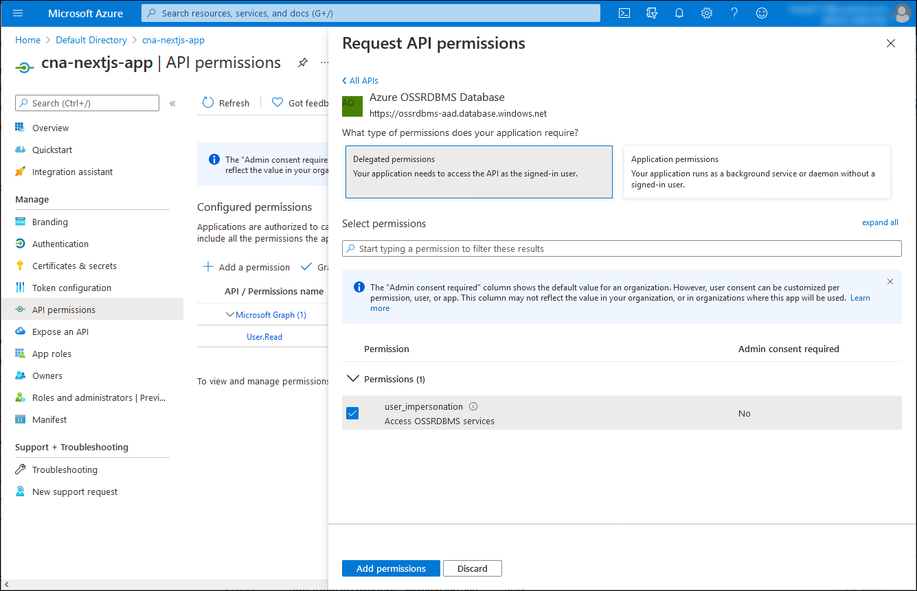 Screenshot: Blatt „API-Berechtigung anfordern“ im Azure-Portal mit ausgewählter Option „Delegierte Berechtigungen“