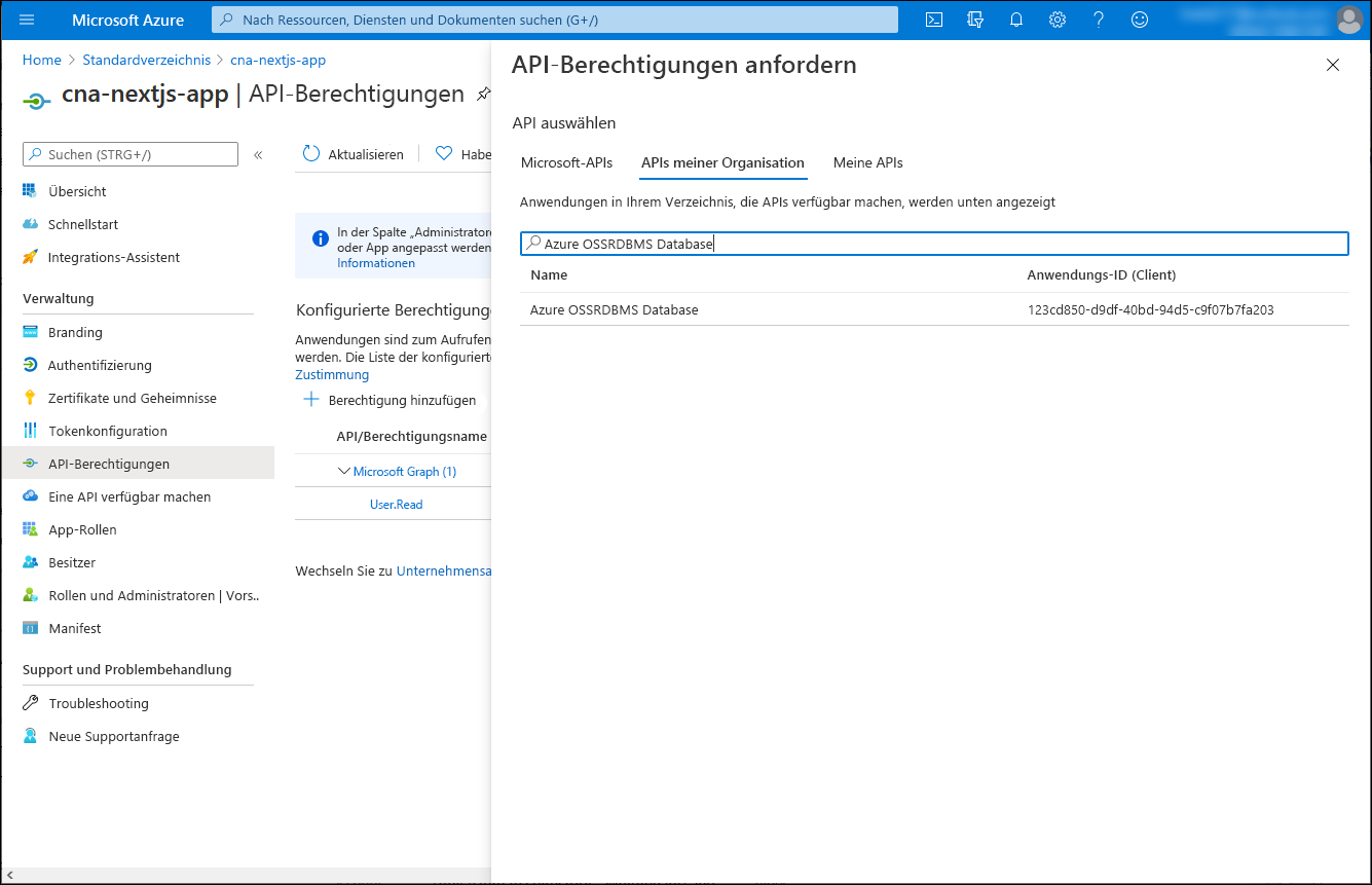 Screenshot: Blatt „API-Berechtigung anfordern“ im Azure-Portal