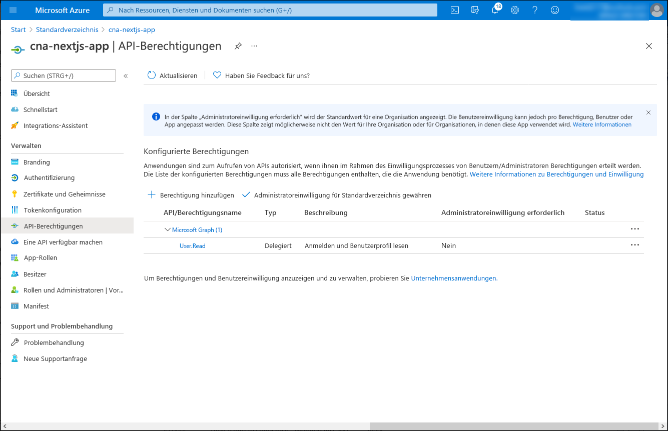 Screenshot: Blatt „cna-nextjs-app – API-Berechtigungen“ im Azure-Portal