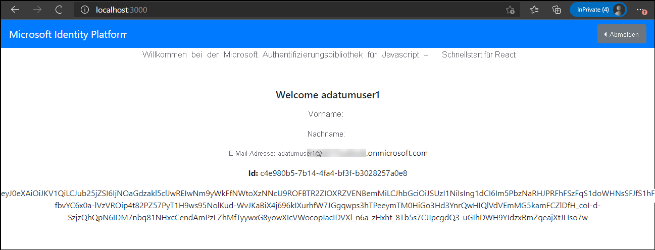 Screenshot der Seite „Willkommen bei der Microsoft-Authentifizierungsbibliothek für JavaScript – React-Schnellstart“ mit den Profilinformationen für adatumuser1.