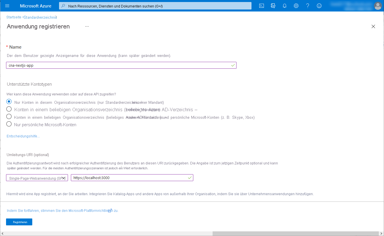 Screenshot: Blatt „Anwendung registrieren“ im Azure-Portal