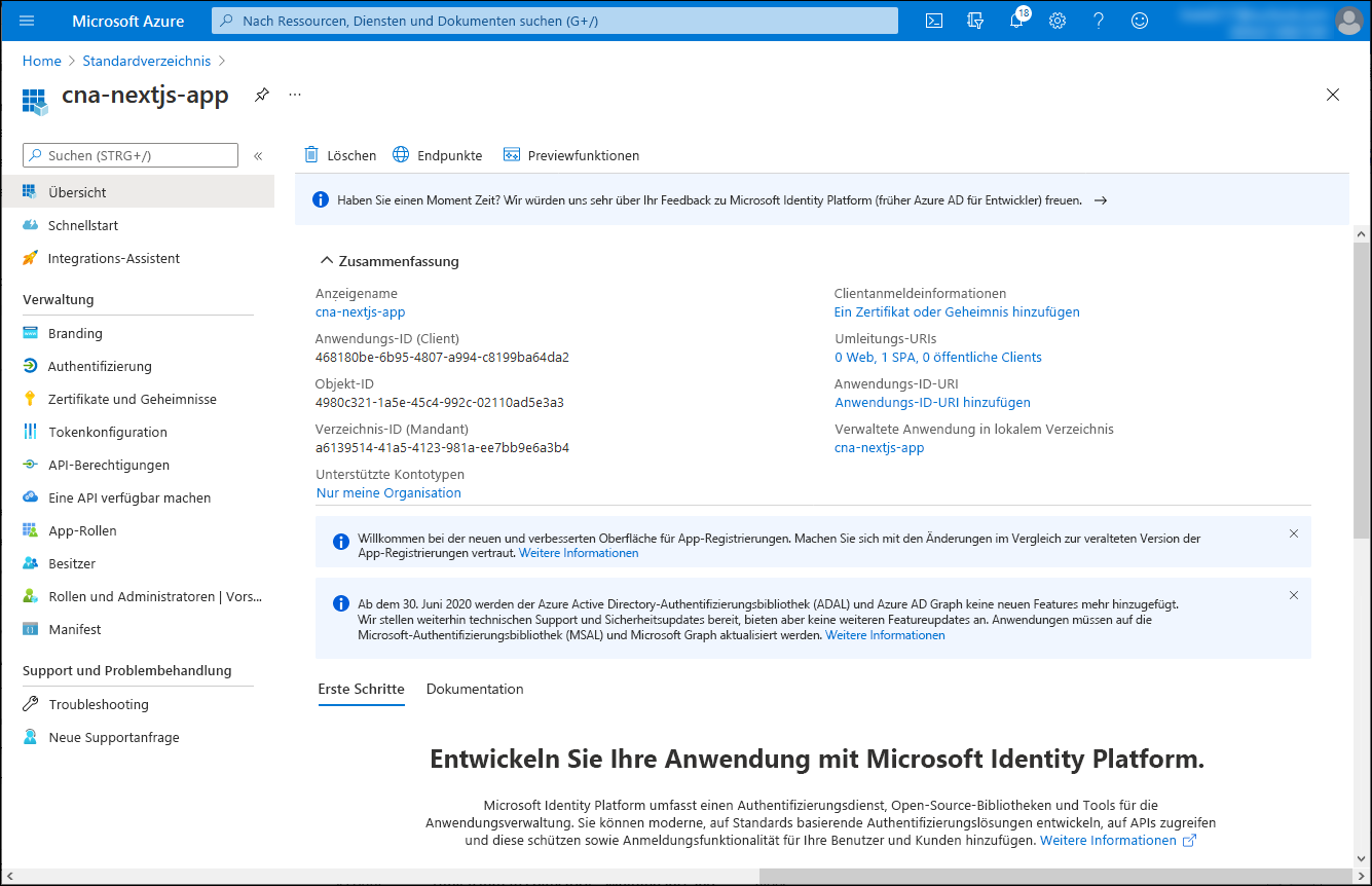 Screenshot: Blatt „cna-nextjs-app“ im Azure-Portal