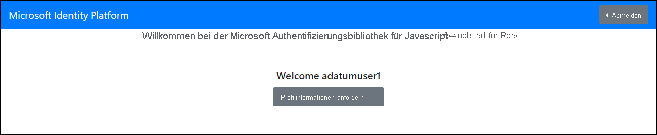 Screenshot der Seite „Willkommen bei der Microsoft-Authentifizierungsbibliothek für JavaScript – React-Schnellstart“ mit der Schaltfläche „Profilinformationen anfordern“.